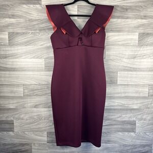 Gianni Bini Dress Womens 12 Red Pink Bodycon V-Neck Career Formal Wedding‎ Heavy